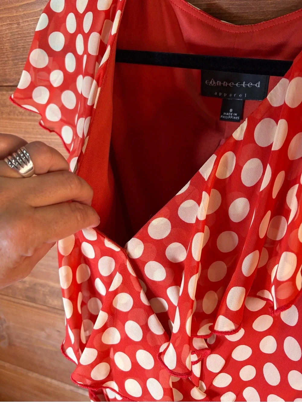 Connected Apparel Rust Orange Polka Dot Faux Wrap Midi Dress Tie Waist Size 8 🧡